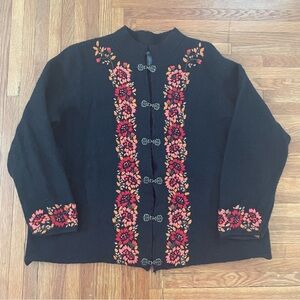 Sarah Spencer Black Wool Jacket with Red and Pink Floral Embroidery